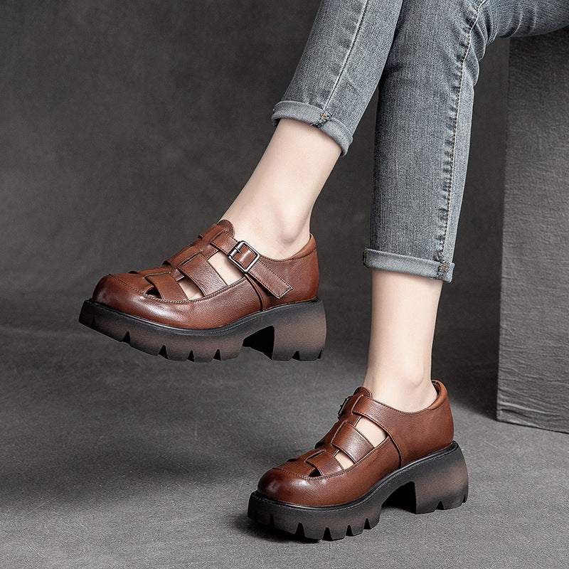 Women Summer Retro Plaited Leather Chunky Heel Sandals-RAIIFY