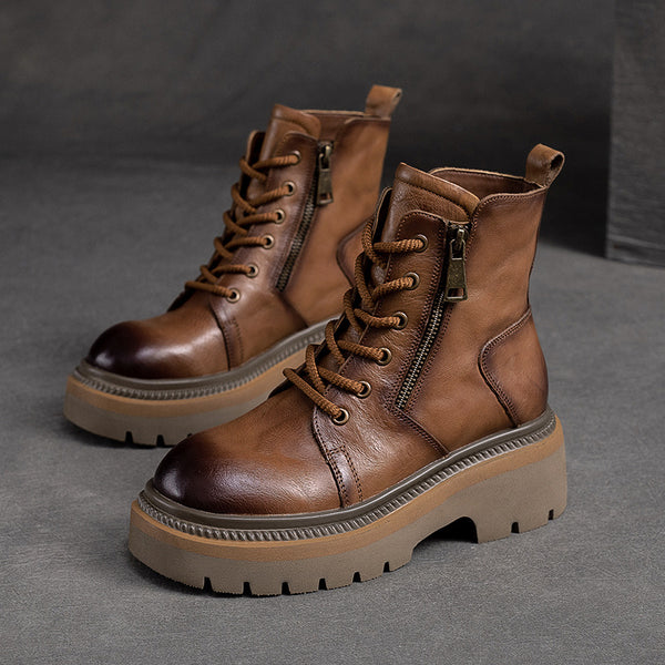 Women Retro Patchwork Leather Platform Boots