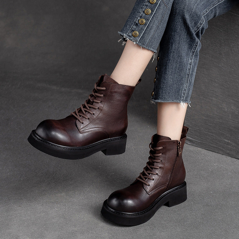 Women Classic Leather Round Head Casual Boots-RAIIFY