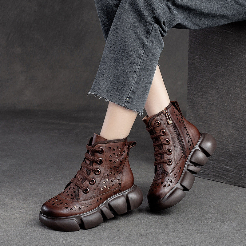 Women Hollow Leather Retro Casual Boots-RAIIFY