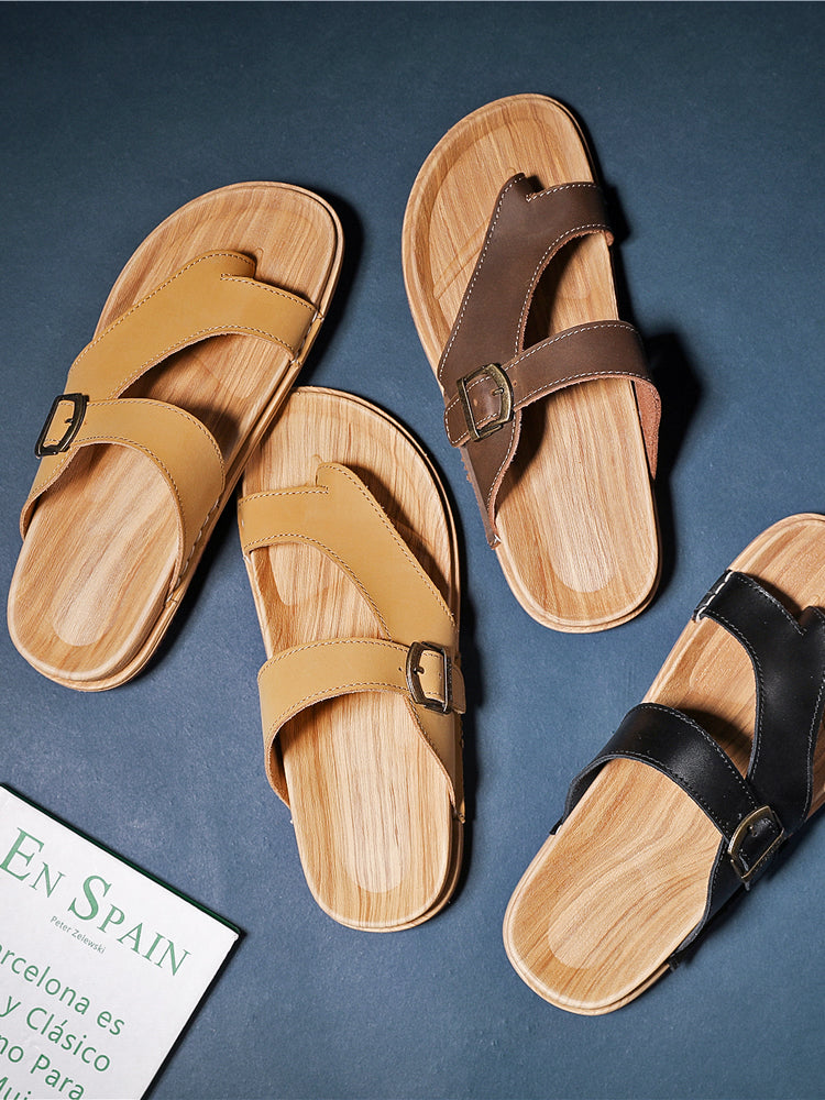 Men Summer Leather Beach Flip Flops Sandals Slides-RAIIFY