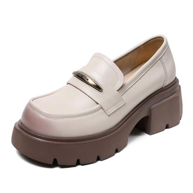 Women Minimalist Cowhide Retro Chunky Soled Loafers-RAIIFY