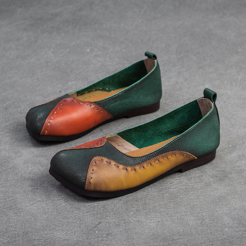 Women Retro Color Matching Leather Casual Flats-RAIIFY