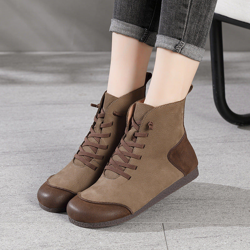 Women Retro Frosted Cowhide Patchwork Flat Boots-RAIIFY