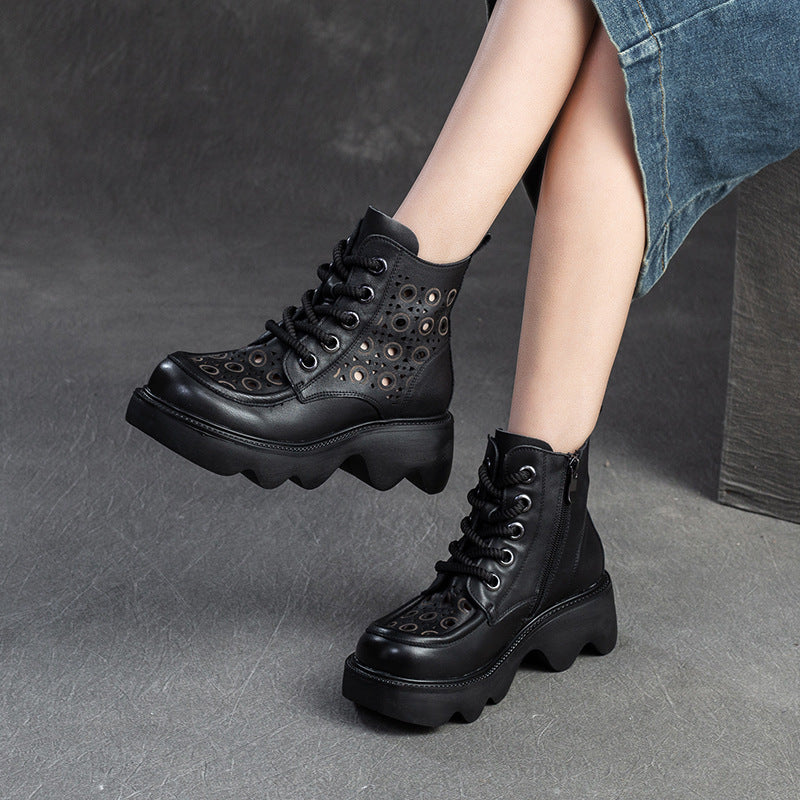 Women Minimalist Hollow Leather Lug Sole Casual Boots-RAIIFY