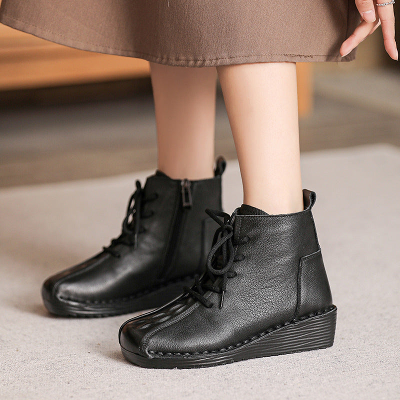 Women Minimalist Leather Furred Low Wedge Boots-RAIIFY