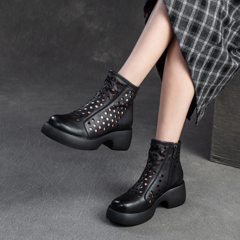 Women Minimalist Hollow Leather Chunky Platform Boots-RAIIFY