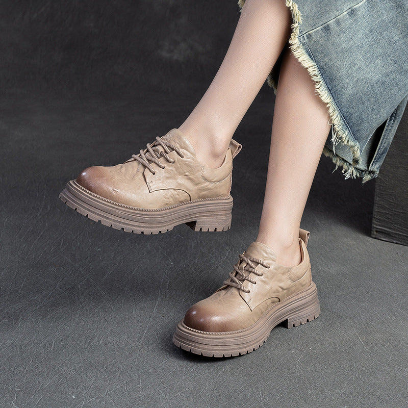 Women Retro Pleated Leather Thick Soled Casual Shoes-RAIIFY