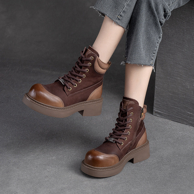 Women Retro Minimalist Patchwork Leather Boots-RAIIFY