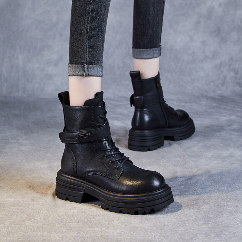 Women Retro Leather Thick Soled Combat Boots-RAIIFY