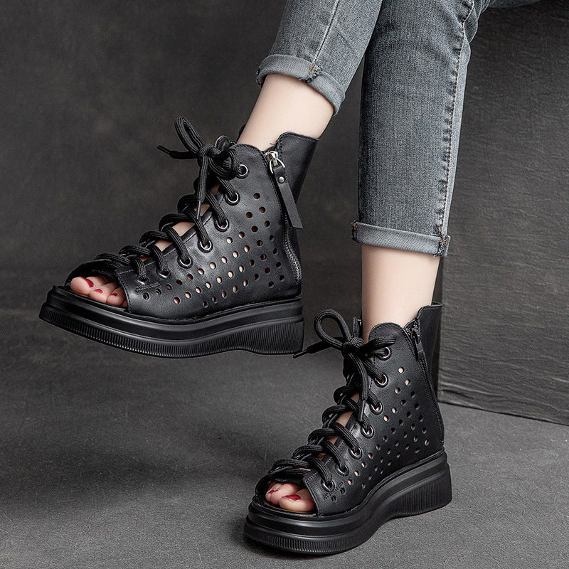 Women Summer Leather Peep Toe Ankle Boots-RAIIFY