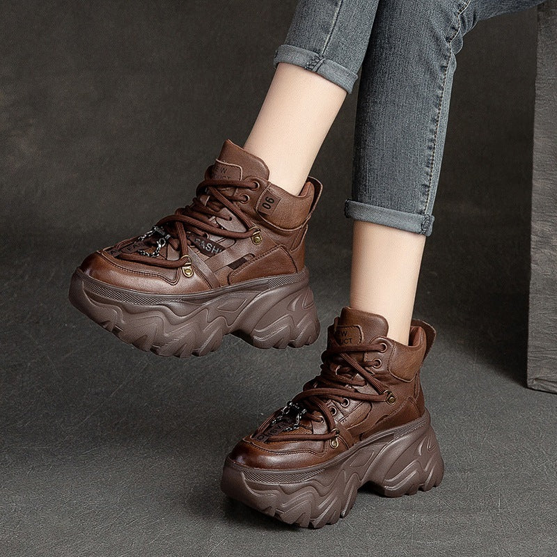 Women Retro Solid Leather Platform Dad Sneakers-RAIIFY