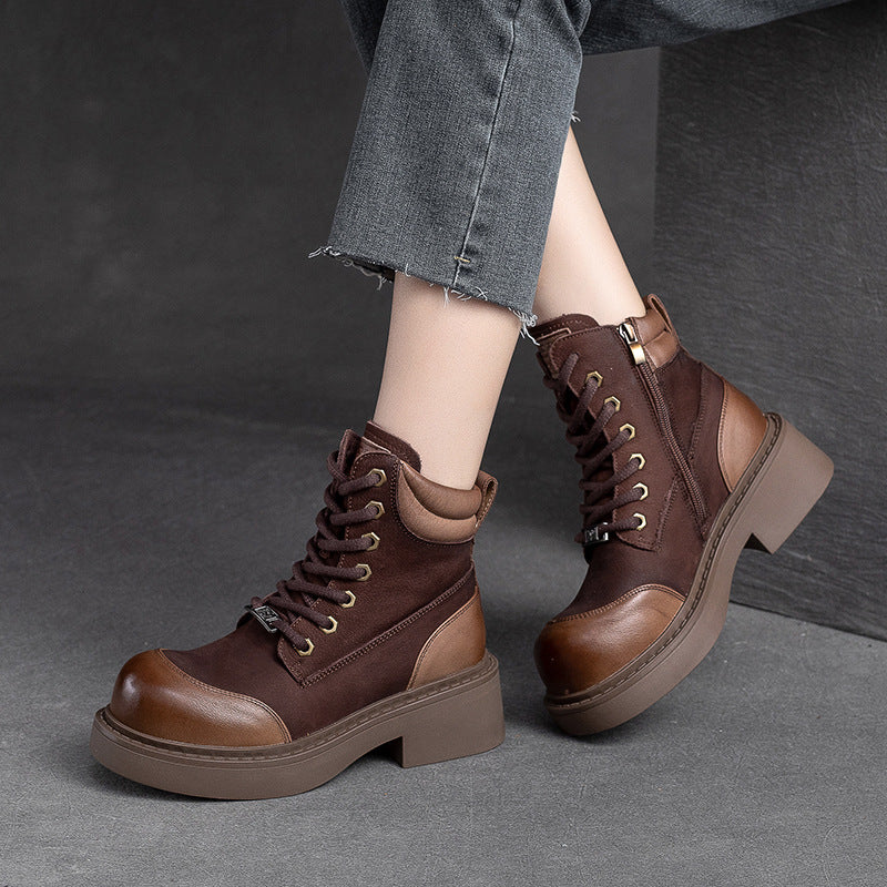 Women Retro Minimalist Patchwork Leather Boots-RAIIFY