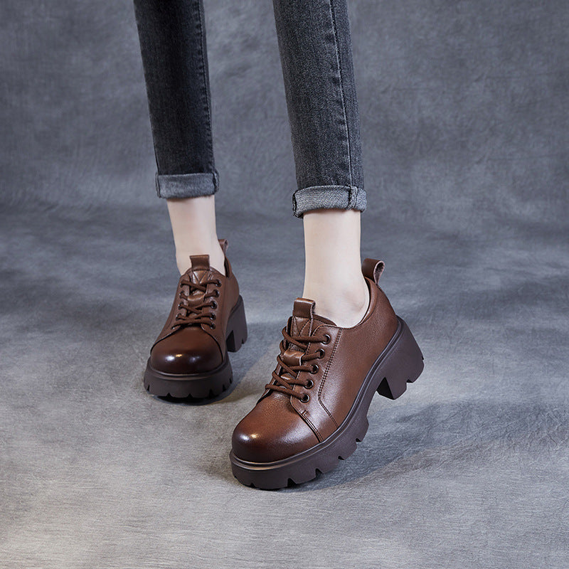 Women Retro Minimalist Leather Chunky Heel Casual Shoes-RAIIFY