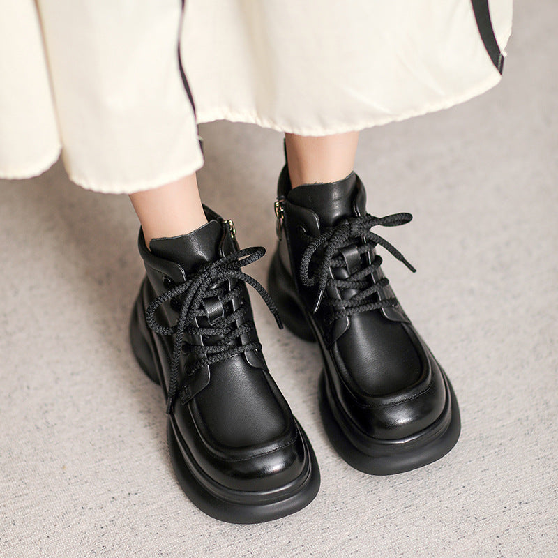 Women Retro Leather Platform Ankle Boots-RAIIFY