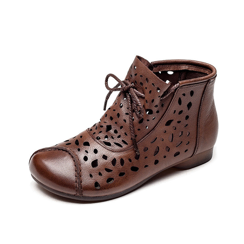 Women Retro Casual Hollow Leather Flat Ankle Boots-RAIIFY