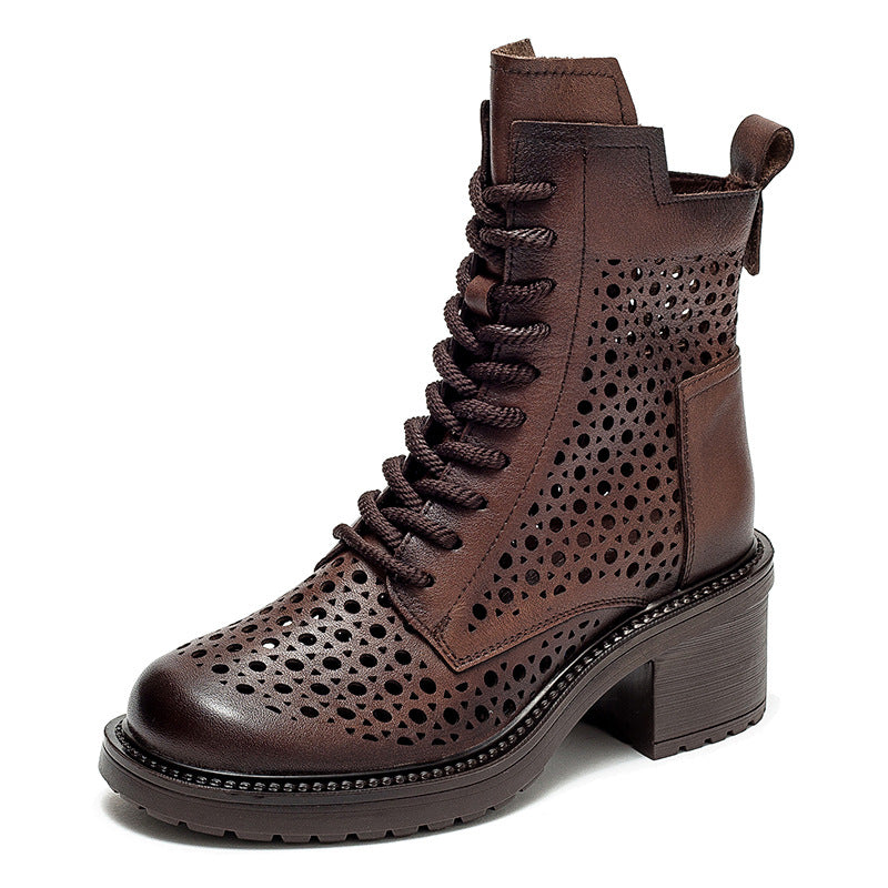 Women Retro Hollow Leather Patchwork Chunky Heel Boots-RAIIFY