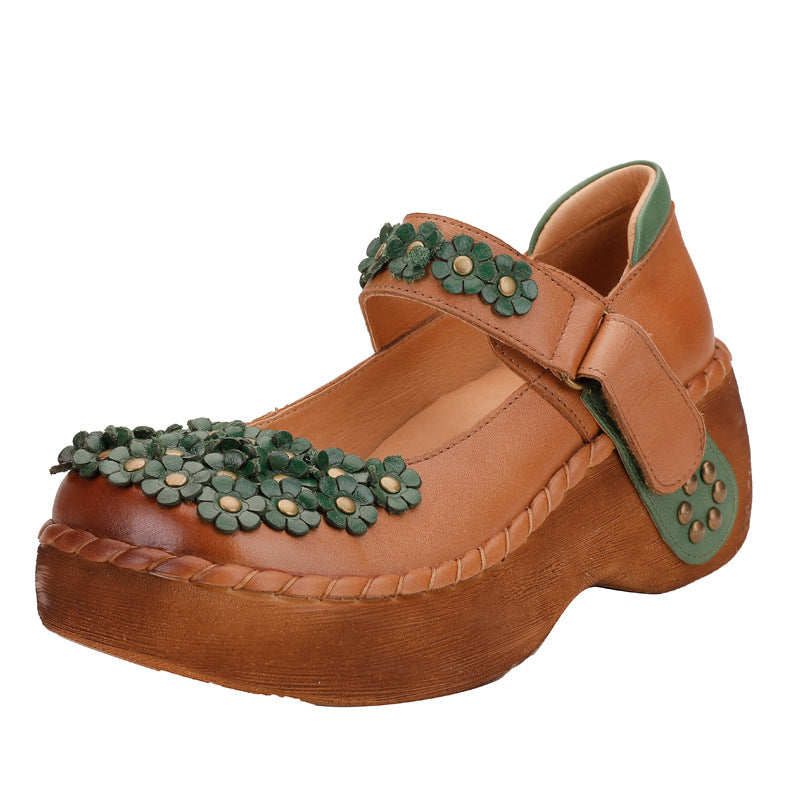 Women Retro Flowers Leather Thick Sole Casual Shoes-RAIIFY