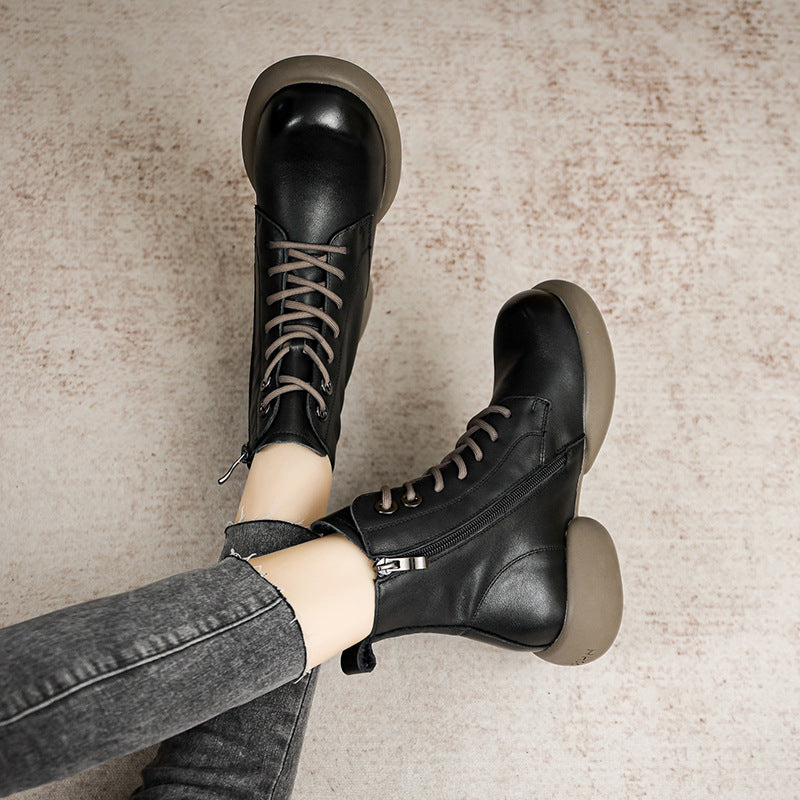 Women Retro Minimalist Soft Leather Flat Boots-RAIIFY