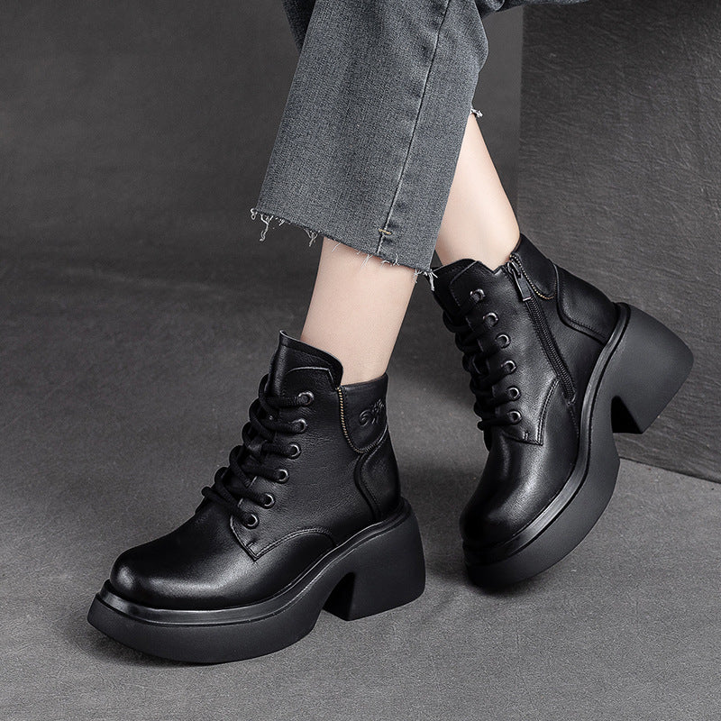 Women Retro Casual Leather Chunky Heel Boots-RAIIFY