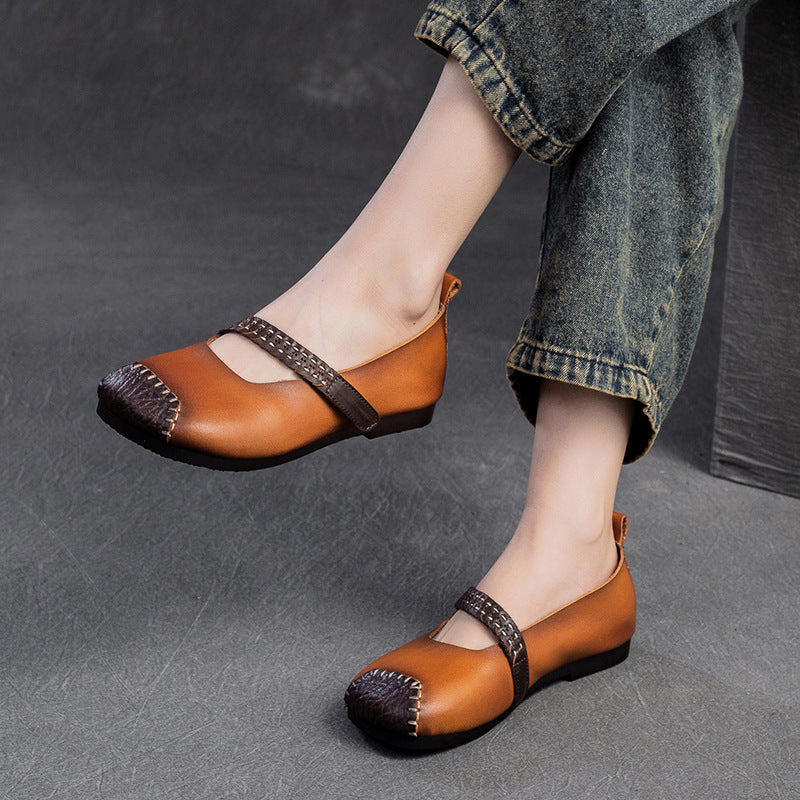 Women Retro Patchwork Leather Casual Flats Shoes-RAIIFY