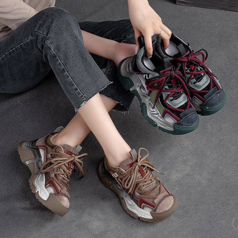 Women Retro Patchwork Leather Platform Dad Sneakers-RAIIFY