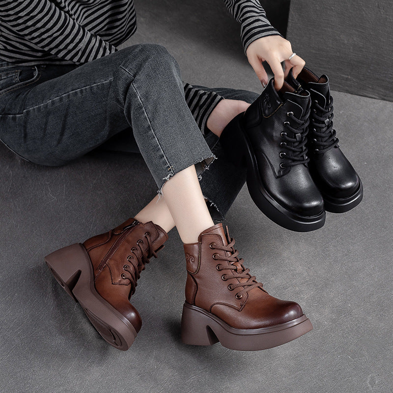 Women Retro Casual Leather Chunky Heel Boots-RAIIFY
