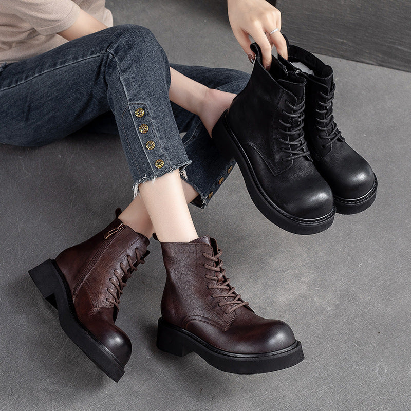 Women Classic Leather Round Head Casual Boots-RAIIFY