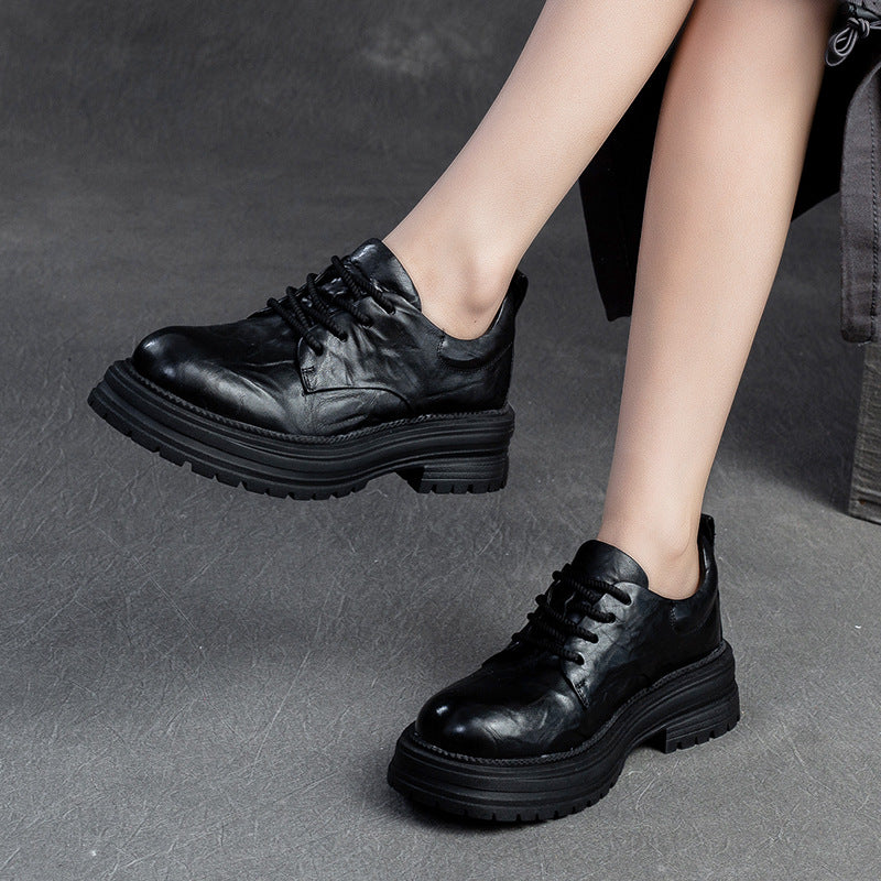 Women Retro Pleated Leather Thick Soled Casual Shoes-RAIIFY