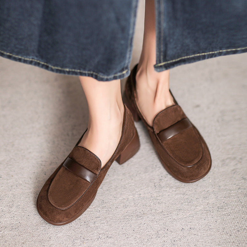 Women Retro Leather Minimliast Chunky Heel Loafers-RAIIFY