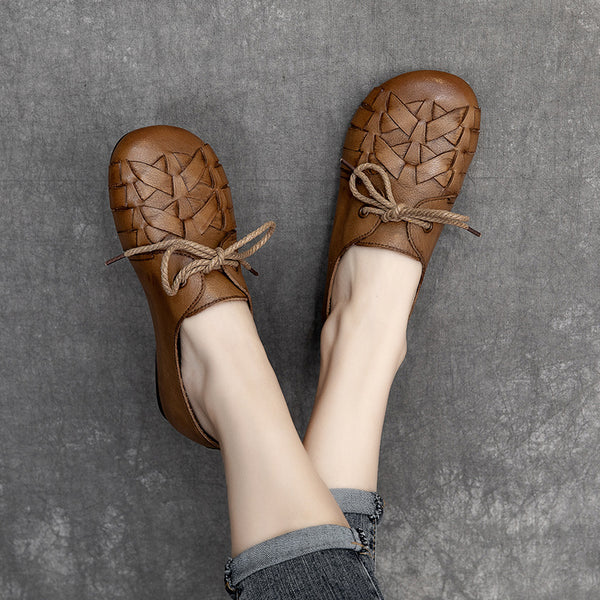 Women Vintage Pure Color Genuine Leather Flat Shoes 1