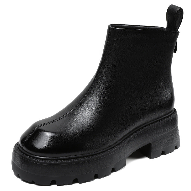 Women Minimalist Retro Leather Chunky Sole Boots-RAIIFY