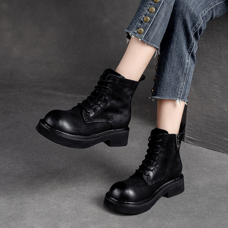 Women Classic Leather Round Head Casual Boots-RAIIFY