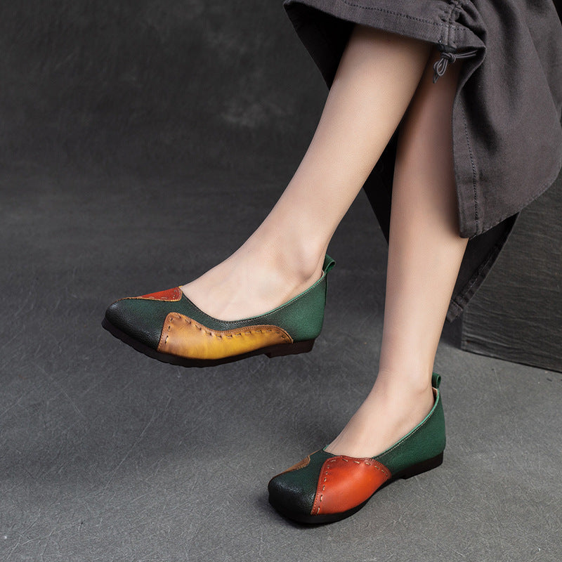 Women Retro Color Matching Leather Casual Flats-RAIIFY
