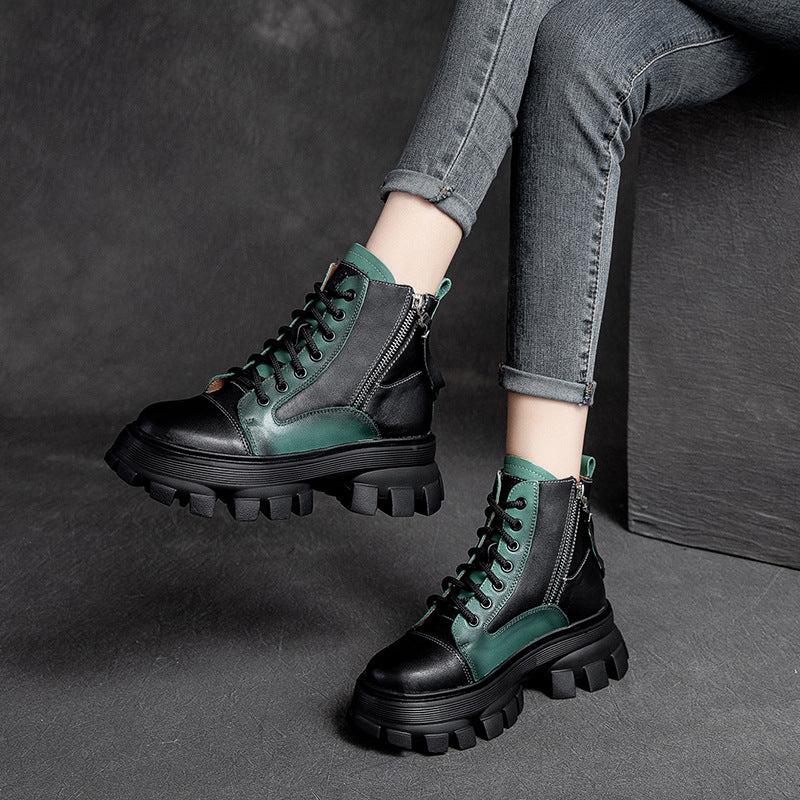 Women Retro Patchwork Leather Platform Boots-RAIIFY