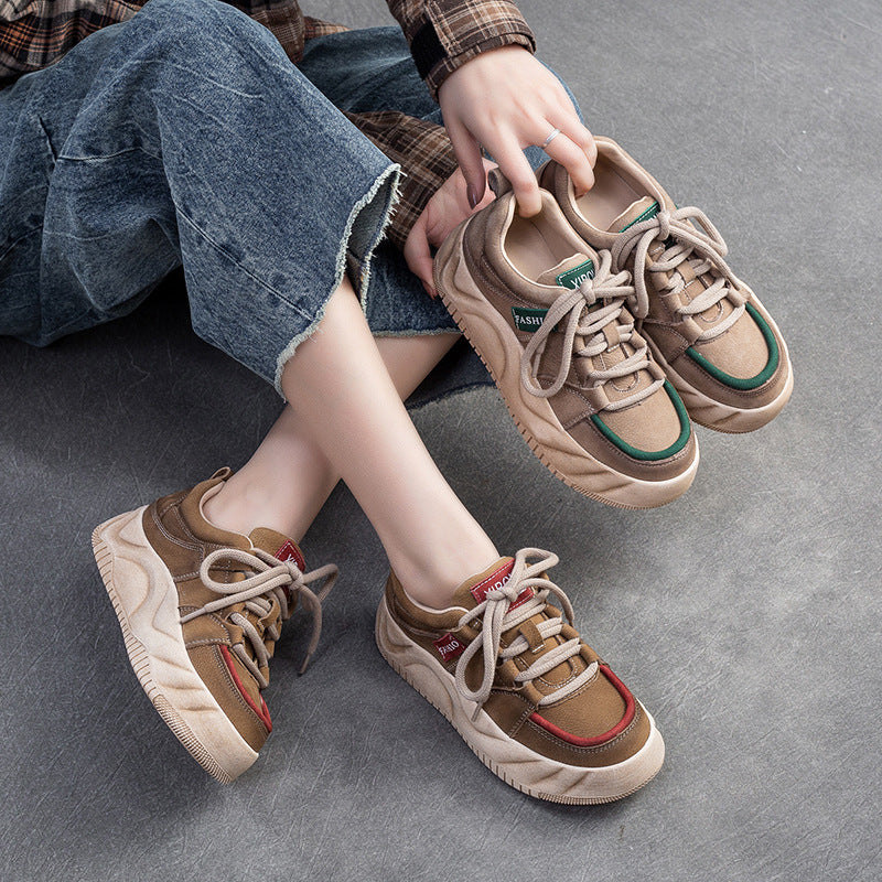 Women Retro Patchwork Leather Thick Soled Casual Shoes-RAIIFY