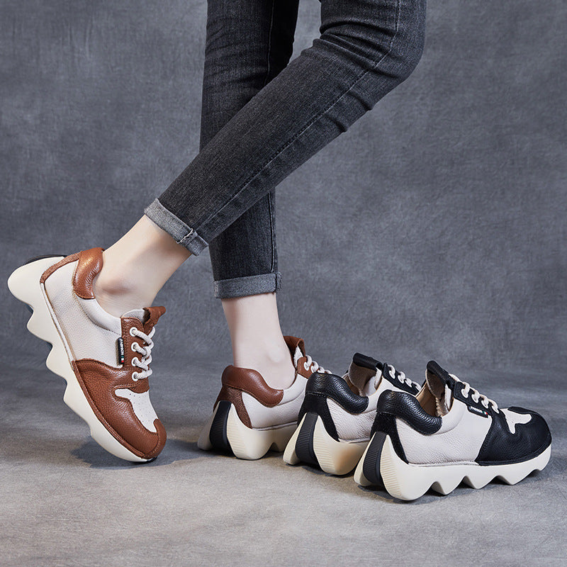 Women Retro Patchwork Leather Platform Sneakers-RAIIFY