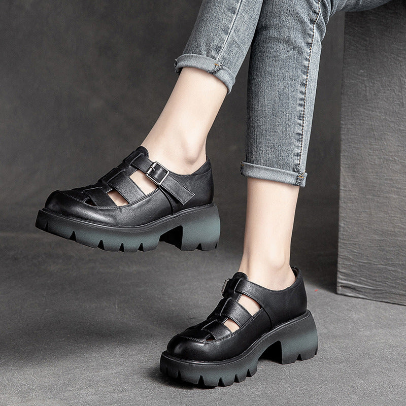 Women Summer Retro Plaited Leather Chunky Heel Sandals-RAIIFY