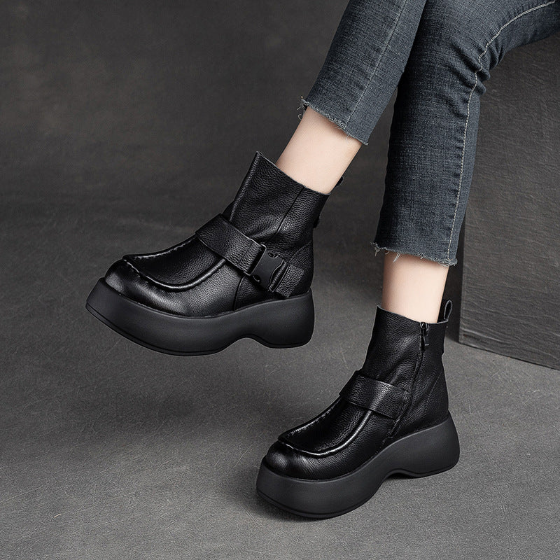 Women Retro Minimalist Leather Platform Boots-RAIIFY