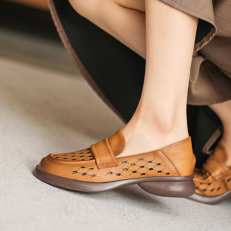 Women Retro Minimalist Hollow Leather Casual Loafers-RAIIFY