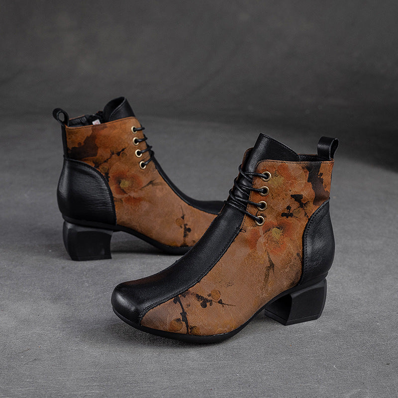 Women Retro Patchwork Handmade Chunky Heel Boots-RAIIFY