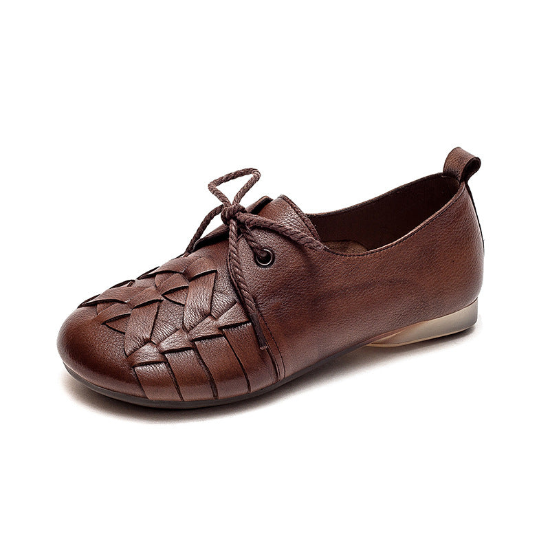 Women Retro Handmade Plaited Leather Flat Shoes-RAIIFY