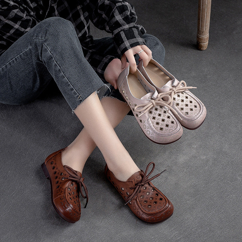 Women Summer Hollow Soft Leather Flat Casual Shoes-RAIIFY