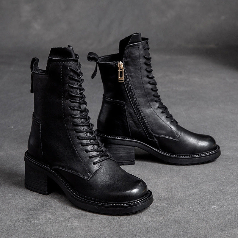 Women Retro Leather Zipper Wedge Boots-RAIIFY