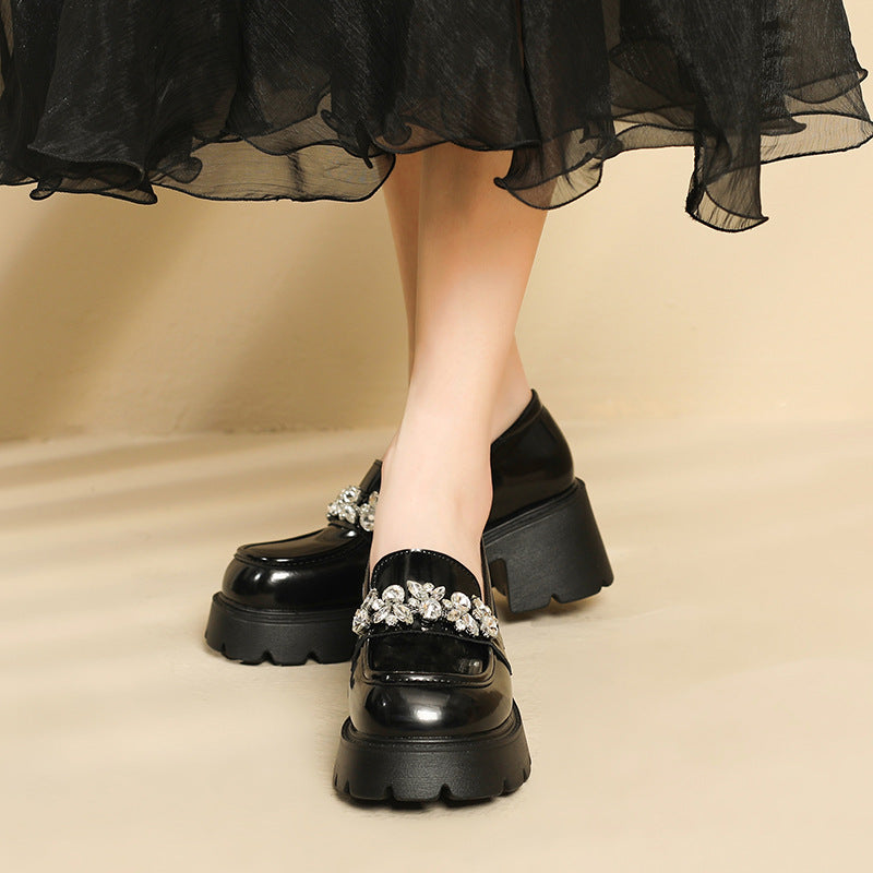 Women Casual Leather Crystal Chunky Heel Loafers-RAIIFY
