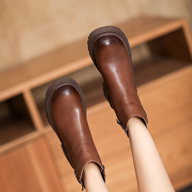 Women Retro Minimalist Patchwork Leather Boots-RAIIFY