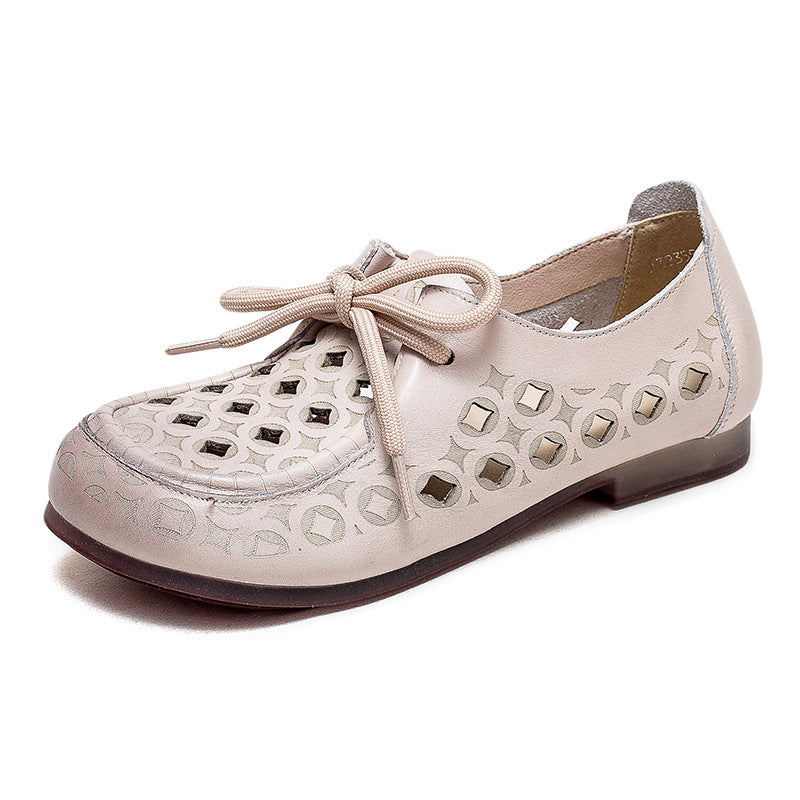 Women Summer Hollow Soft Leather Flat Casual Shoes-RAIIFY