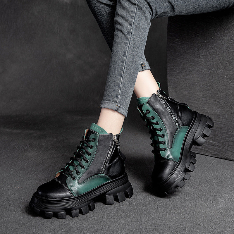 Women Patchwork Leather Casual Platform Boots-RAIIFY