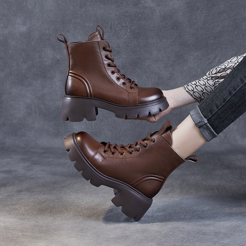 Women Minimalist Leather Chunky Platform Boots-RAIIFY