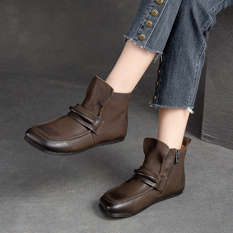 Women Retro Casual Leather Minimalist Flat Ankle Boots-RAIIFY